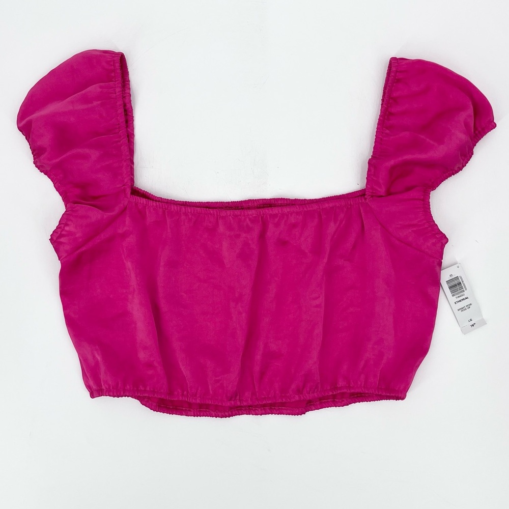 NWT Aritizia Wilfred Ethereal Satin Rose Pink Puff Sleeve Cropped Top Size Large - Picture 3 of 9